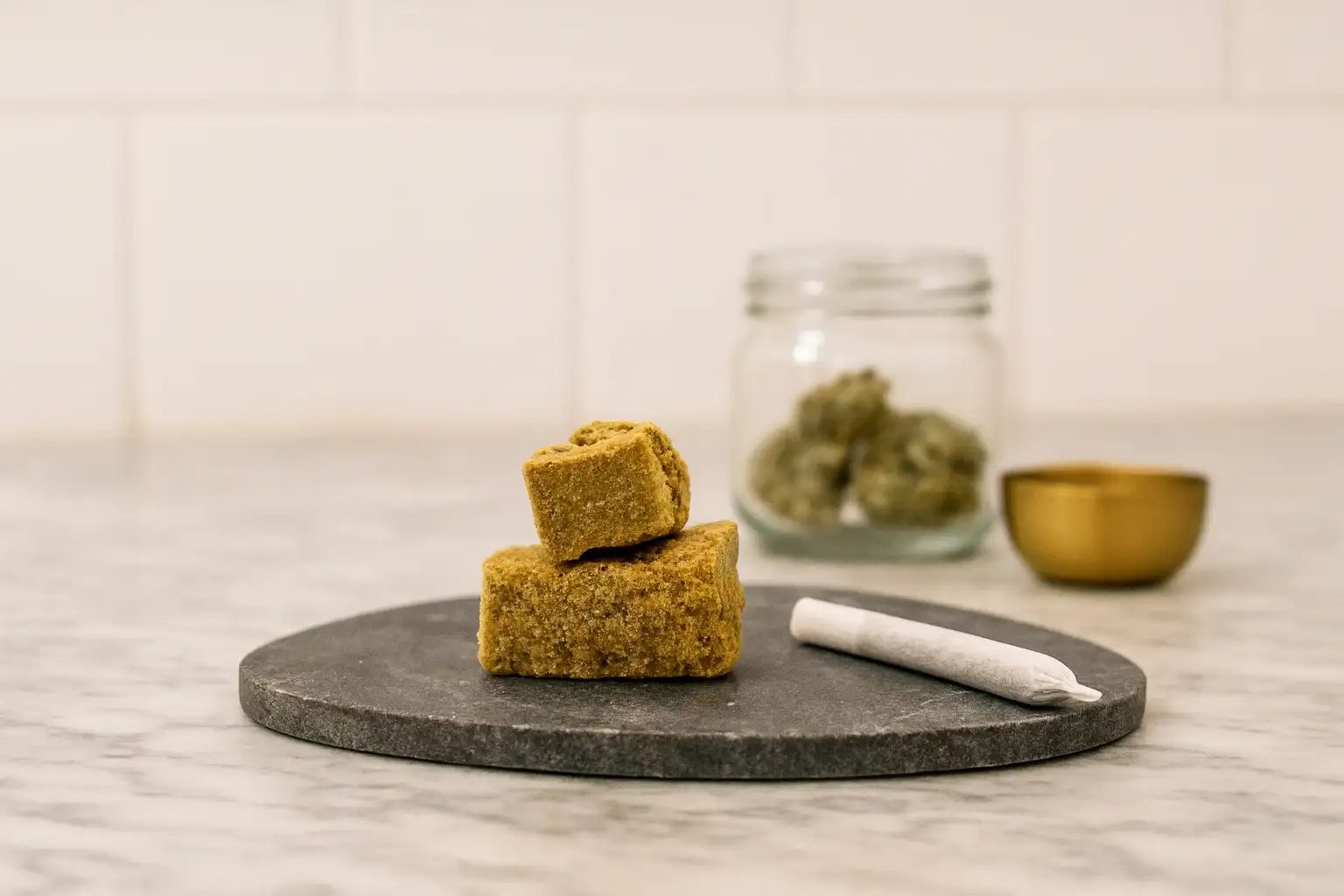 Dry sift hash und ein vorgerollter Joint auf einer runden Steinschale, im Hintergrund Cannabisblüten in einem Glas – Produktbild im Querformat.
