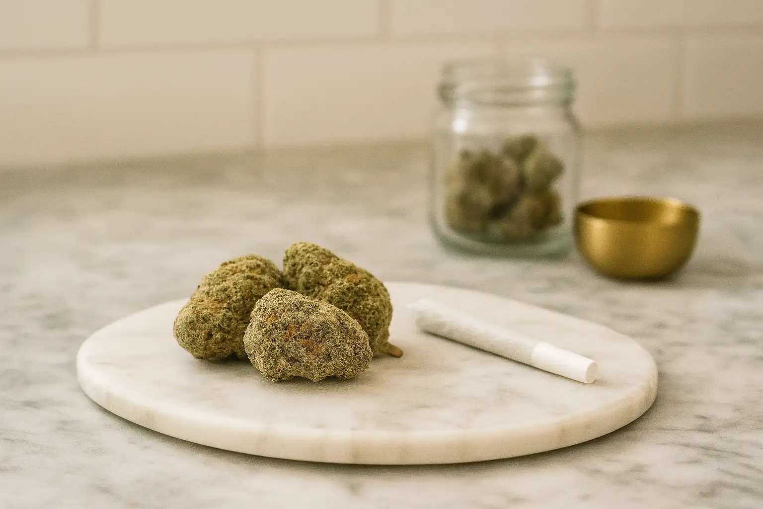 Gorilla Glue Original (GG4) THCA-Blüten auf einer Platte mit Marmor, Buds und Grinder im Hintergrund