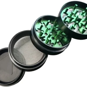 4-teiliger Grinder 50 mm aus Aluminium – explodierte Ansicht mit Mahlzähnen, Pollensieb und Auffangkammer