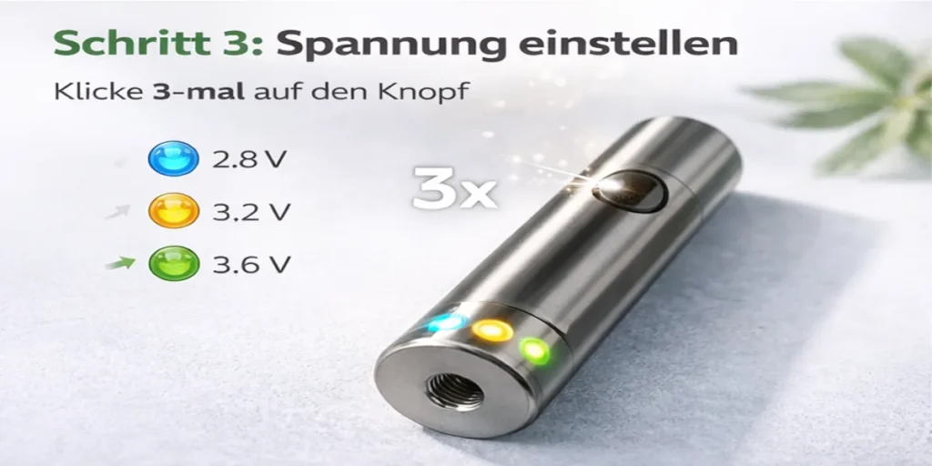 CCELL M3B Spannung einstellen – LED Farben Blau Gelb Grün