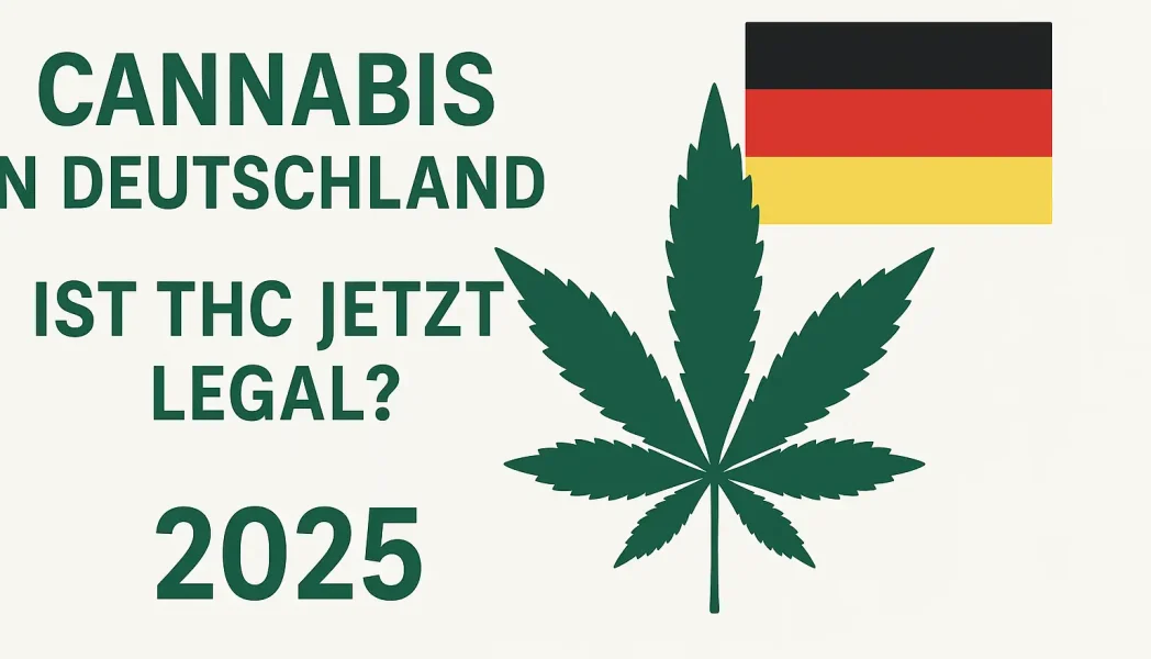 Infografik im Landschaftsstil zum Cannabisgesetz 2025 in Deutschland mit Symbolen, die 25 g in der Öffentlichkeit, 50 g zu Hause, ein Cannabisblatt und die deutsche Flagge zeigen.