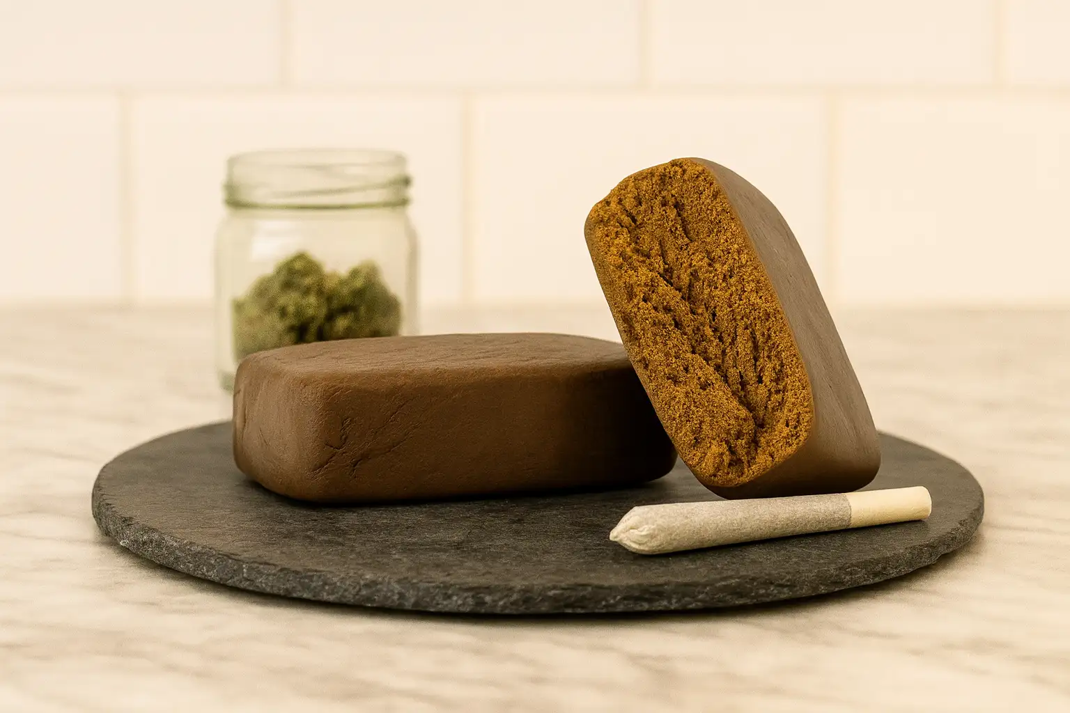 Static Hash und ein vorgerollter Joint liegen auf einer dunklen Steinplatte, im Hintergrund sind Cannabisblüten in einem Glas zu sehen – Produktbild im Querformat.