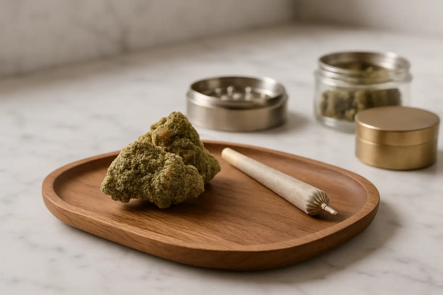 Lemon Haze THCA-Blüten auf einem Holzfass mit Marmor, Buds und Grinder im Hintergrund