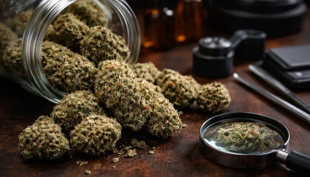 Hochwertige THCA Blüten mit sichtbaren Trichomen und dichter Struktur