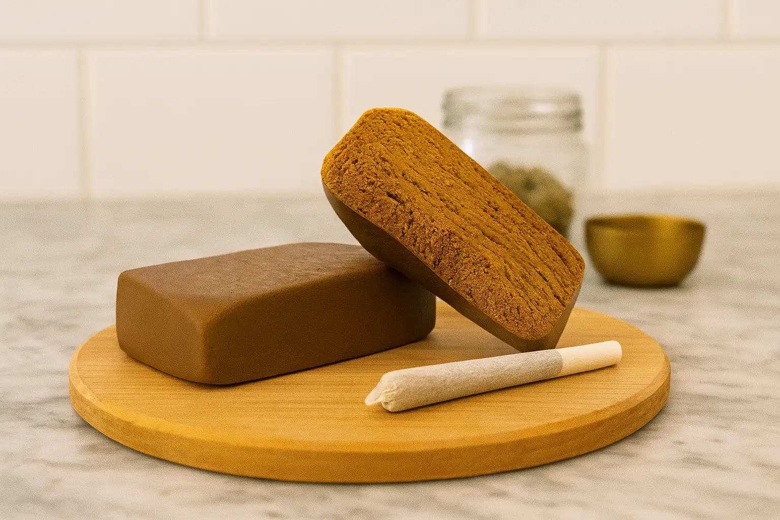 Ketama und ein vorgefertigter Joint auf einem Holztablett, im Hintergrund Cannabisblüten in einem Glas – Produktbild im Querformat.