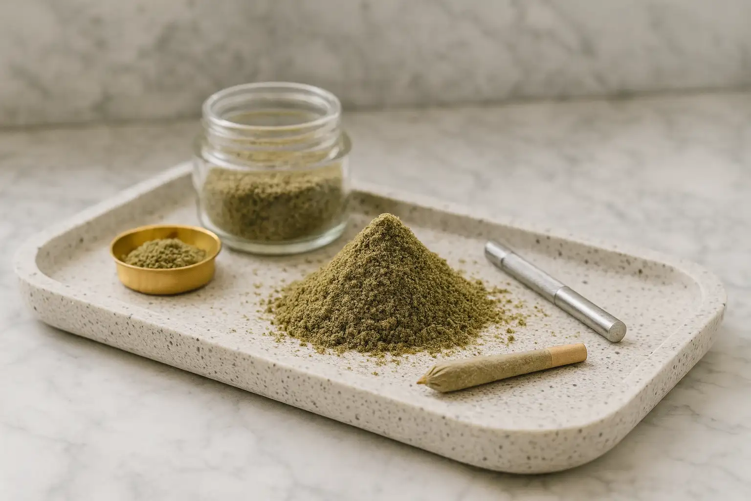 THCA-haltige Blüten trim in einem weißen Bottich mit Knospen und Joint