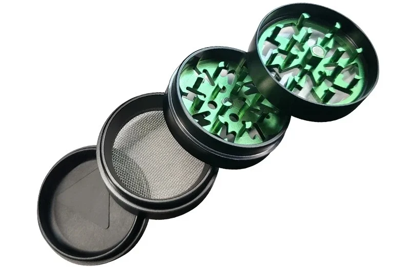 4-teiliger Grinder 50 mm aus Aluminium – explodierte Ansicht mit Mahlzähnen, Pollensieb und Auffangkammer