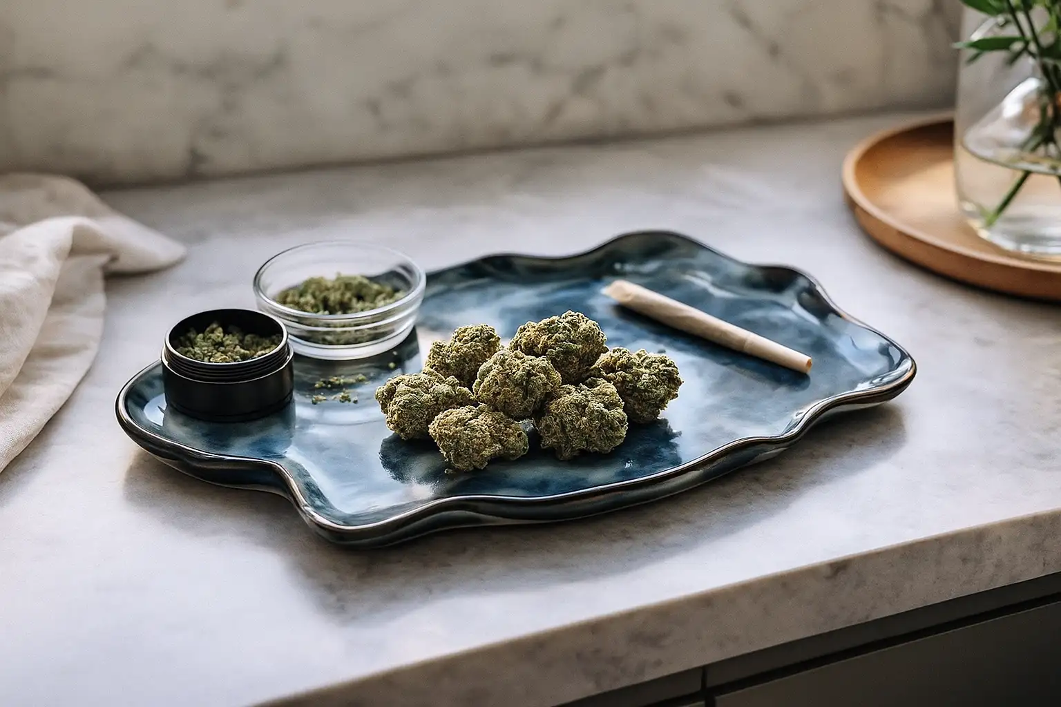 Silver Haze THCA-Blüten auf einer blauen Platte mit Marmor, Buds und Grinder im Hintergrund