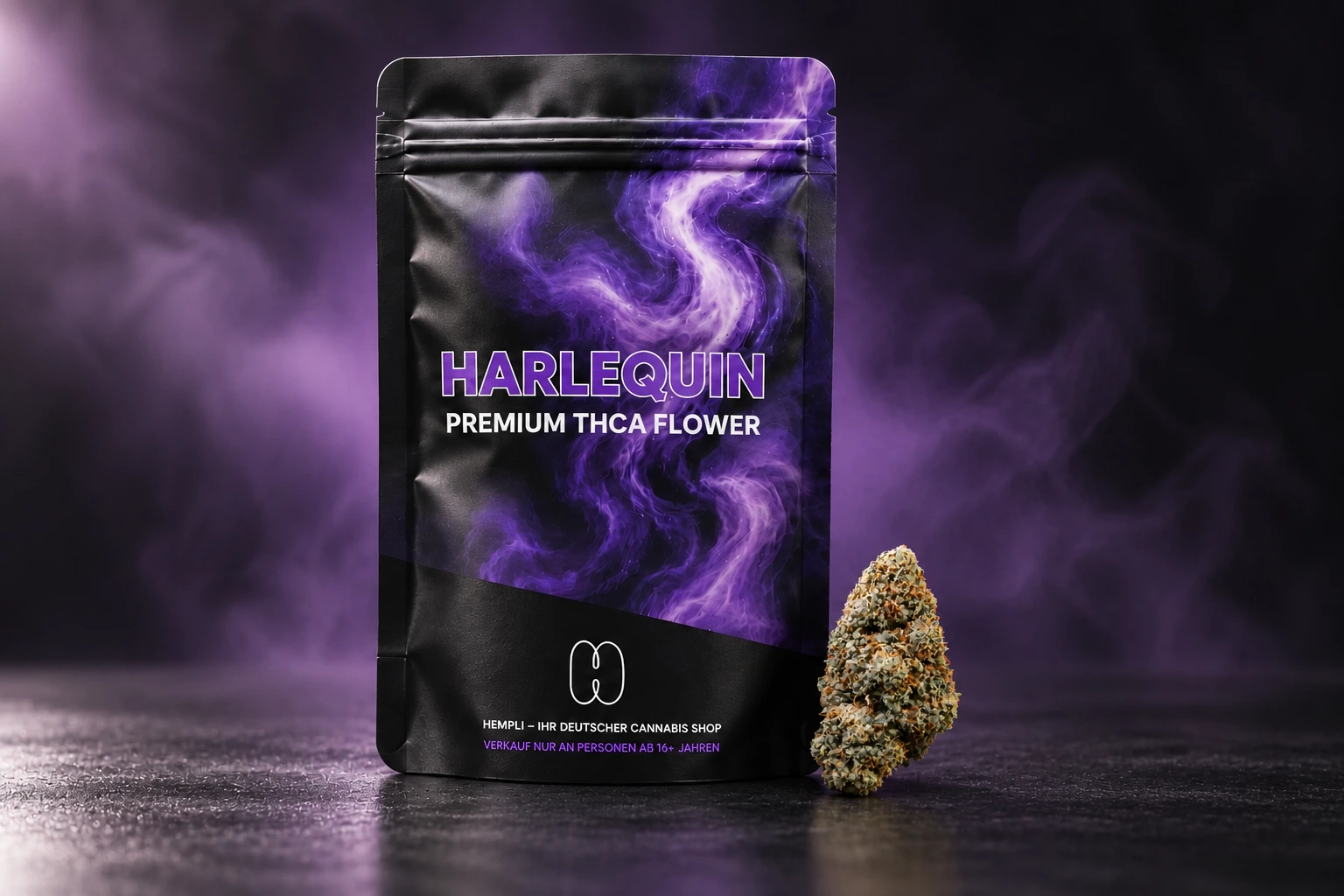 Harlequin THCA blüten und verpackung