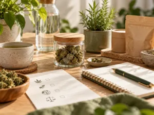 Cannabisblüten im Glas auf einem Holztisch mit Notizbuch, Pflanzen und nachhaltiger Verpackung – Symbol für bewussten und verantwortungsvollen Cannabiskonsum.