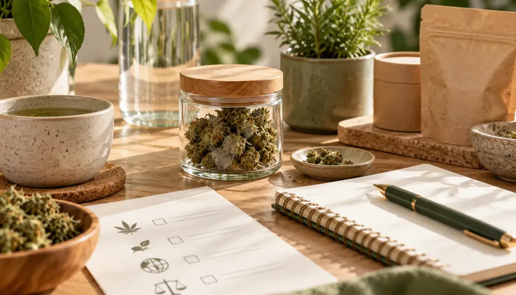 Cannabisblüten im Glas auf einem Holztisch mit Notizbuch, Pflanzen und nachhaltiger Verpackung – Symbol für bewussten und verantwortungsvollen Cannabiskonsum.