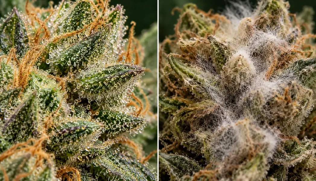 Vergleich von Cannabisblüten: natürliche Trichome links und schimmelartiger Pilzbefall rechts