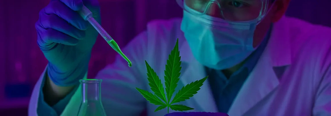 THC Abbau rechner. Wissenschaftler im Labor untersucht ein Cannabisblatt mit einer Pipette voller leuchtend grüner Flüssigkeit unter lila-grüner Neonbeleuchtung.