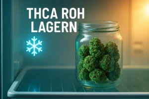 THCA-Tee in einer transparenten Glastasse mit dampfendem Kräuteraufguss und Hanfblüten