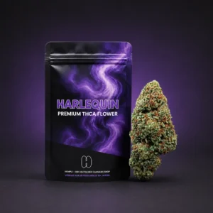 Harlequin Haze THCA blüten und verpackung