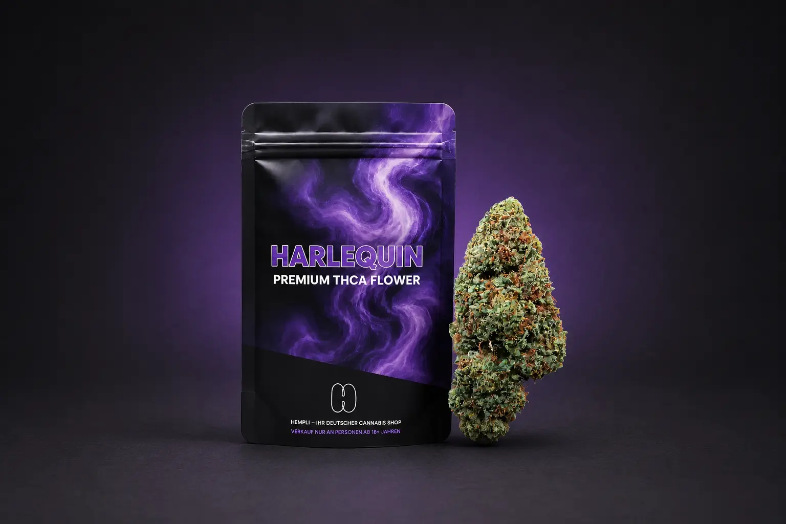Harlequin Haze THCA blüten und verpackung