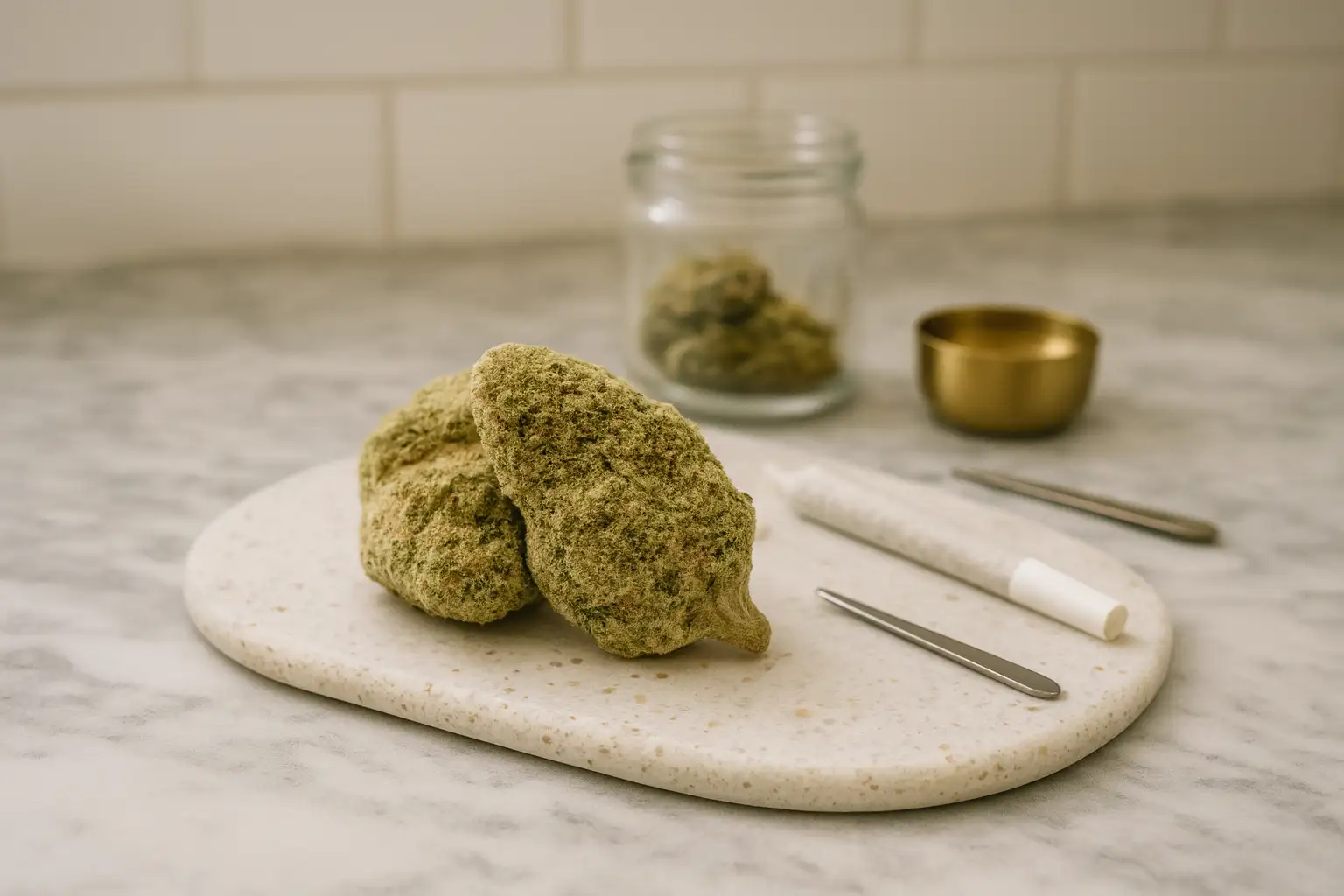 Amnesia Haze THCA-Blüten auf einer Platte mit Marmor, Buds und Grinder im Hintergrund